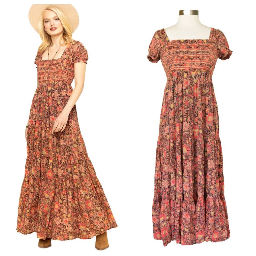 FREE PEOPLE Floral Smocked Getaway Maxi Dress Boho Prairie Dream